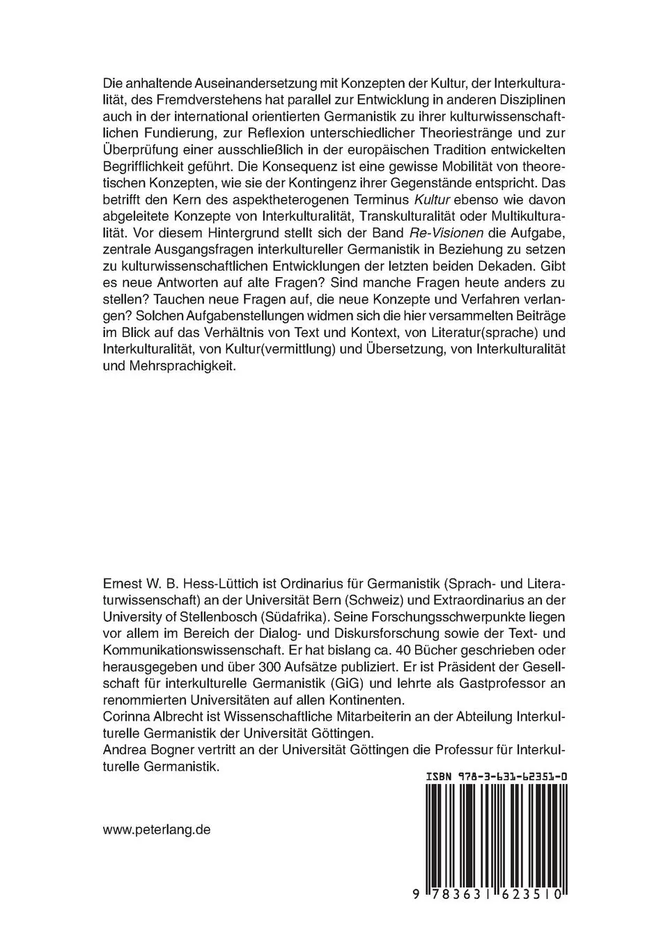 Rückseite: 9783631623510 | Re-Visionen | Ernest W. B. Hess-Lüttich (u. a.) | Taschenbuch | 2012