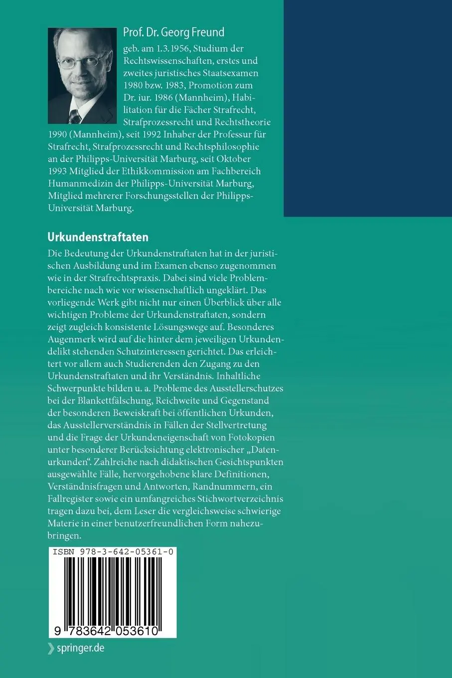 Rückseite: 9783642053610 | Urkundenstraftaten | Georg Freund | Taschenbuch | xvi | Deutsch | 2010