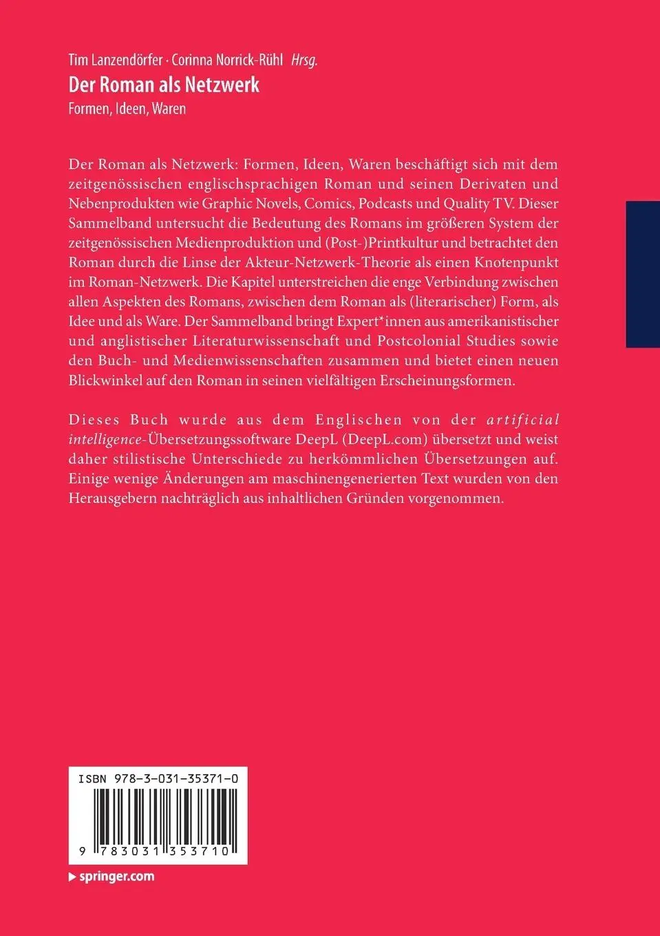 Rückseite: 9783031353710 | Der Roman als Netzwerk | Formen, Ideen, Waren | Norrick-Rühl (u. a.)