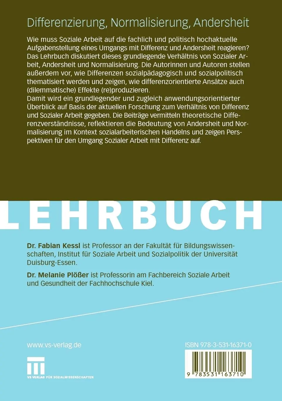 Rückseite: 9783531163710 | Differenzierung, Normalisierung, Andersheit | Melanie Plößer (u. a.)