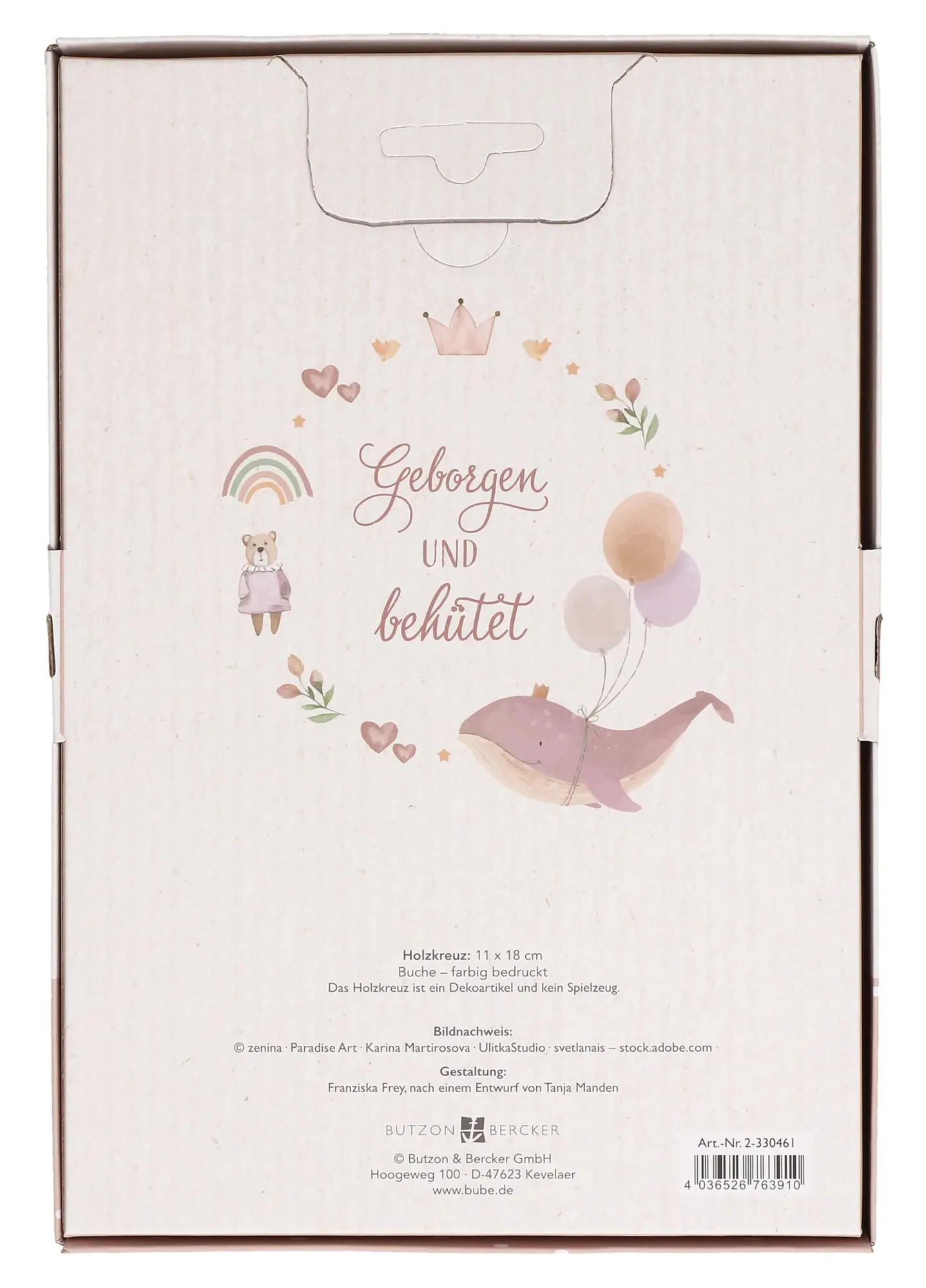 Rückseite: 4036526763910 | Geborgen und behütet | Holzkreuz | Deutsch | 2024 | Butzon &amp; Bercker