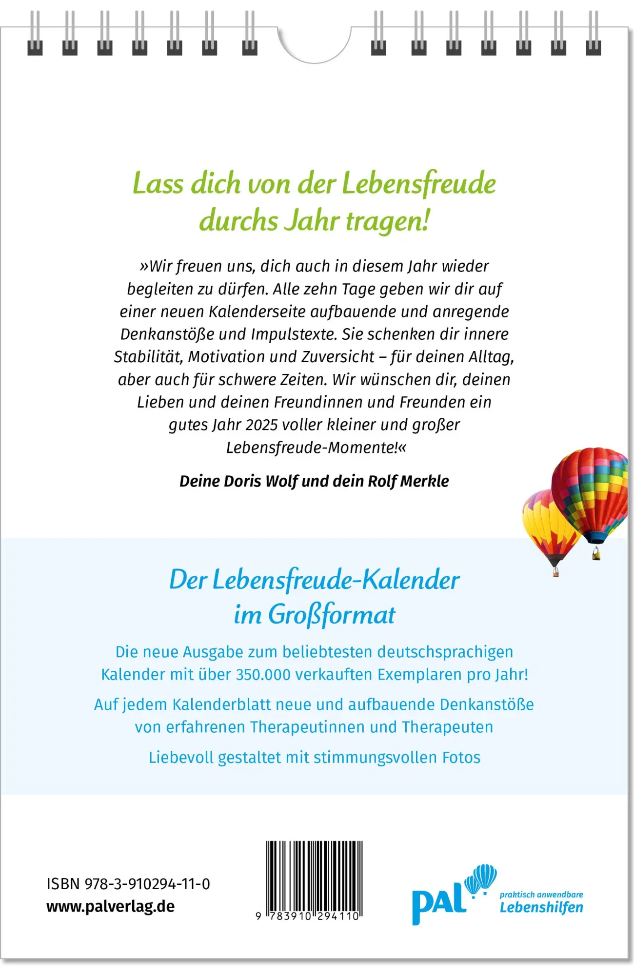 Rückseite: 9783910294110 | Der Lebensfreude-Kalender 2025 im Großformat | Doris Wolf (u. a.)