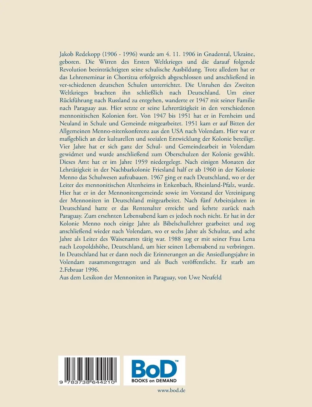 Rückseite: 9783738644210 | Mein Leben | Jakob Redekopp | Taschenbuch | Paperback | 180 S. | 2015