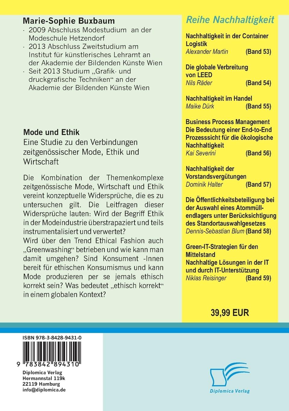 Rückseite: 9783842894310 | Mode und Ethik: Eine Studie zu den Verbindungen zeitgenössischer...