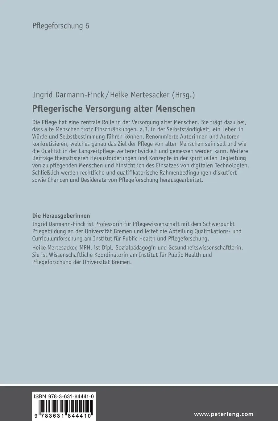Rückseite: 9783631844410 | Pflegerische Versorgung alter Menschen | Ingrid Darmann-Finck (u. a.)