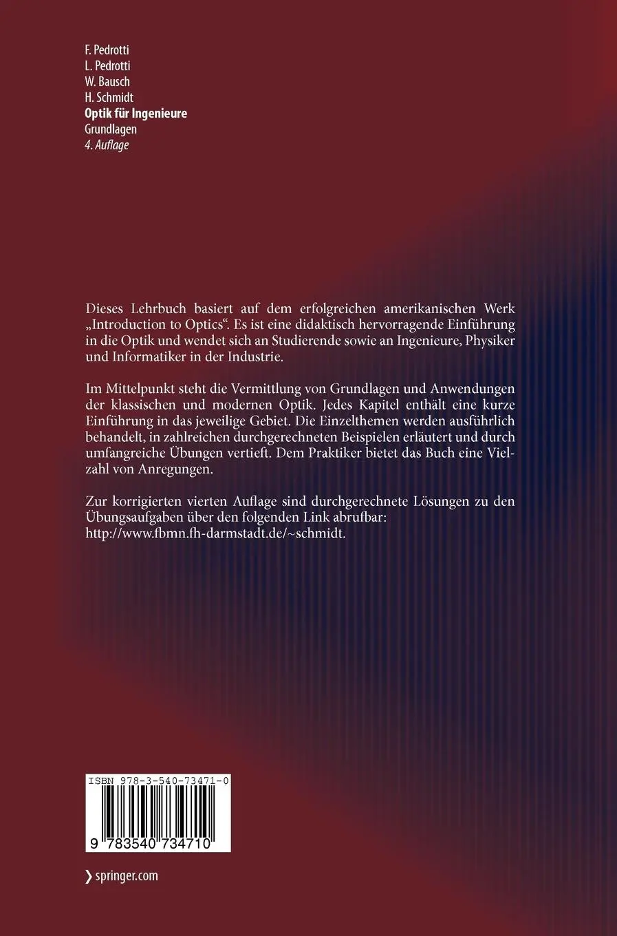 Rückseite: 9783540734710 | Optik für Ingenieure | Grundlagen | F. Pedrotti (u. a.) | Buch | xxii