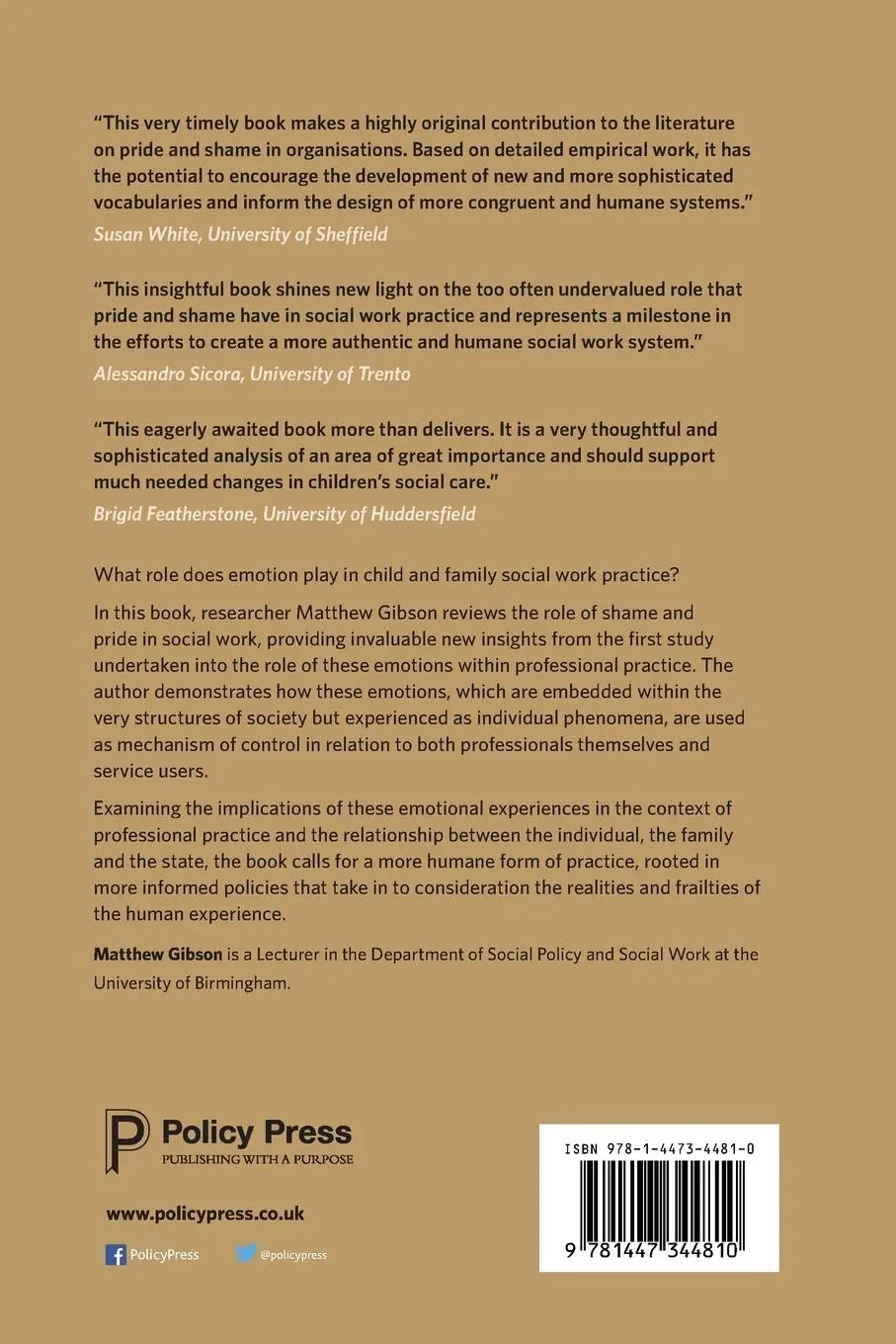 Rückseite: 9781447344810 | Pride and Shame in Child and Family Social Work | Matthew Gibson