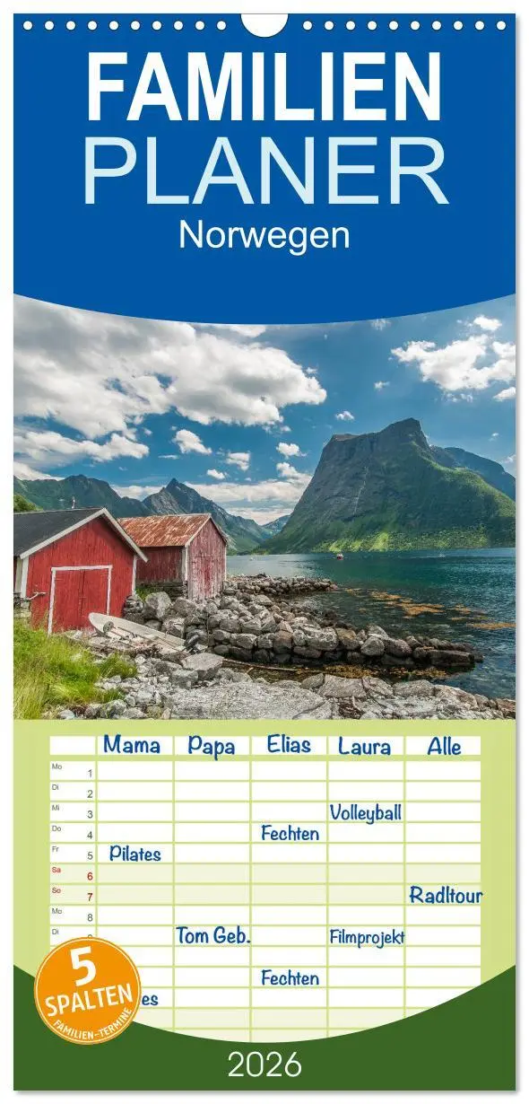 Cover: 9783516514810 | Familienplaner 2026 - Norwegen mit 5 Spalten (Wandkalender, 21 x 45...