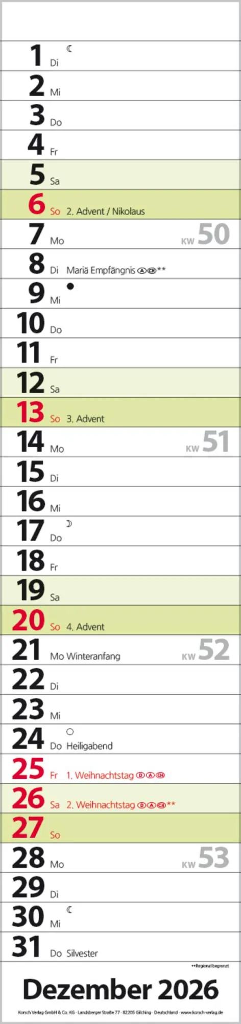 Bild: 9783731884910 | Streifenplaner Compact Grün 2026 | Verlag Korsch | Kalender | 13 S.