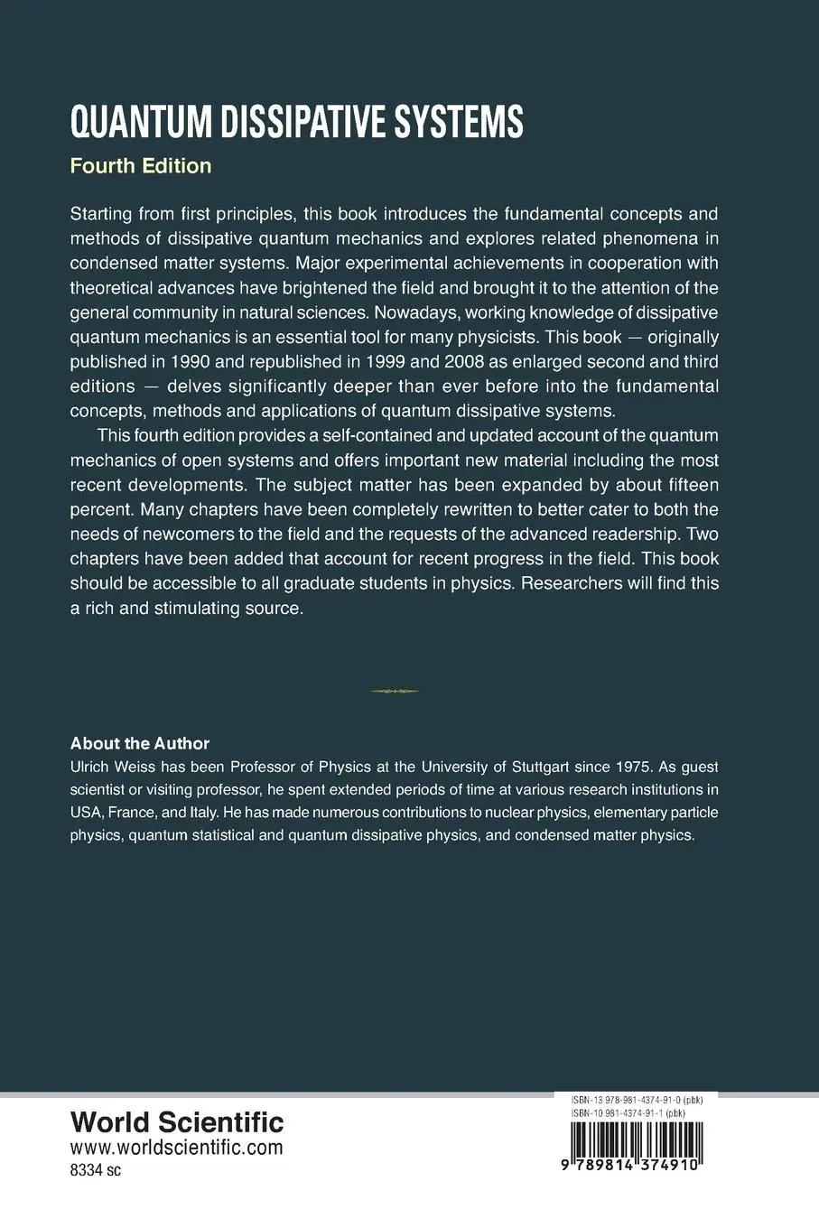 Rückseite: 9789814374910 | QUANTUM DISSIPATIVE SYS (4TH ED) | Ulrich Weiss | Taschenbuch | 2012