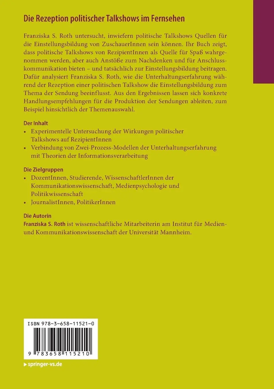 Rückseite: 9783658115210 | Die Rezeption politischer Talkshows im Fernsehen | Franziska S. Roth