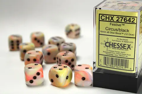 Cover: 601982025410 | Festive® 16mm d6 Circus/black Dice Block™ (12 dice) | deutsch