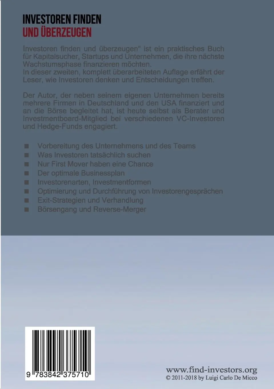 Rückseite: 9783842375710 | Investoren finden und überzeugen | Luigi Carlo De Micco | Taschenbuch