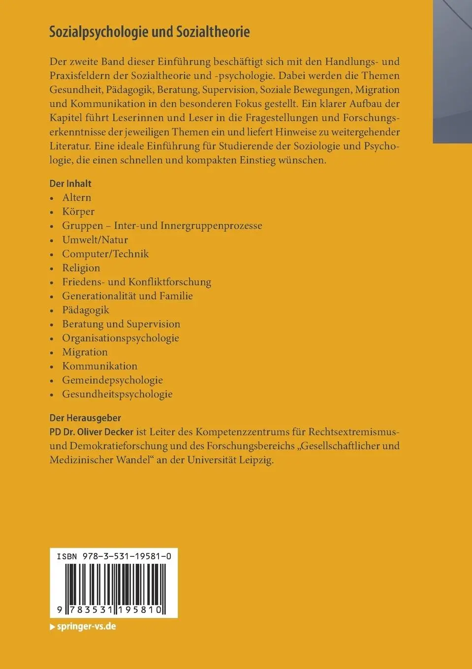 Rückseite: 9783531195810 | Sozialpsychologie und Sozialtheorie | Oliver Decker | Taschenbuch | vi