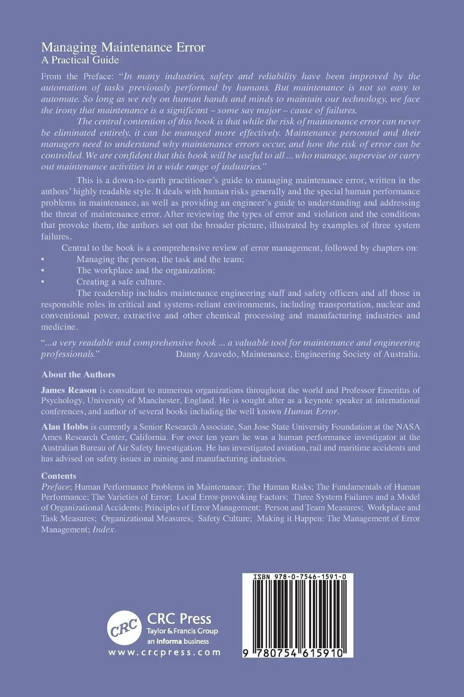 Rückseite: 9780754615910 | Managing Maintenance Error | A Practical Guide | James Reason (u. a.)