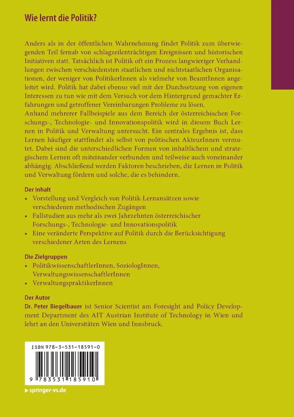 Rückseite: 9783531185910 | Wie lernt die Politik? | Peter Biegelbauer | Taschenbuch | xvi | 2013