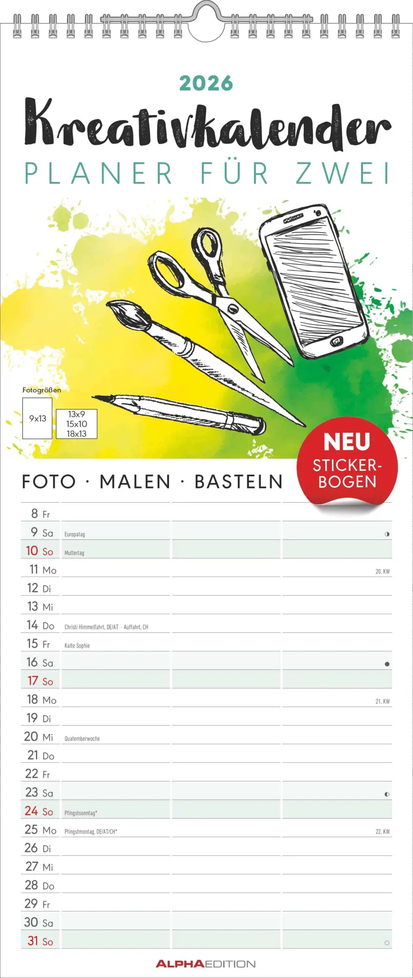 Cover: 4069095006010 | Kreativ-Kalender Planer für 2 2026 - 3 Spalten - 19,5x45 cm - Foto,...