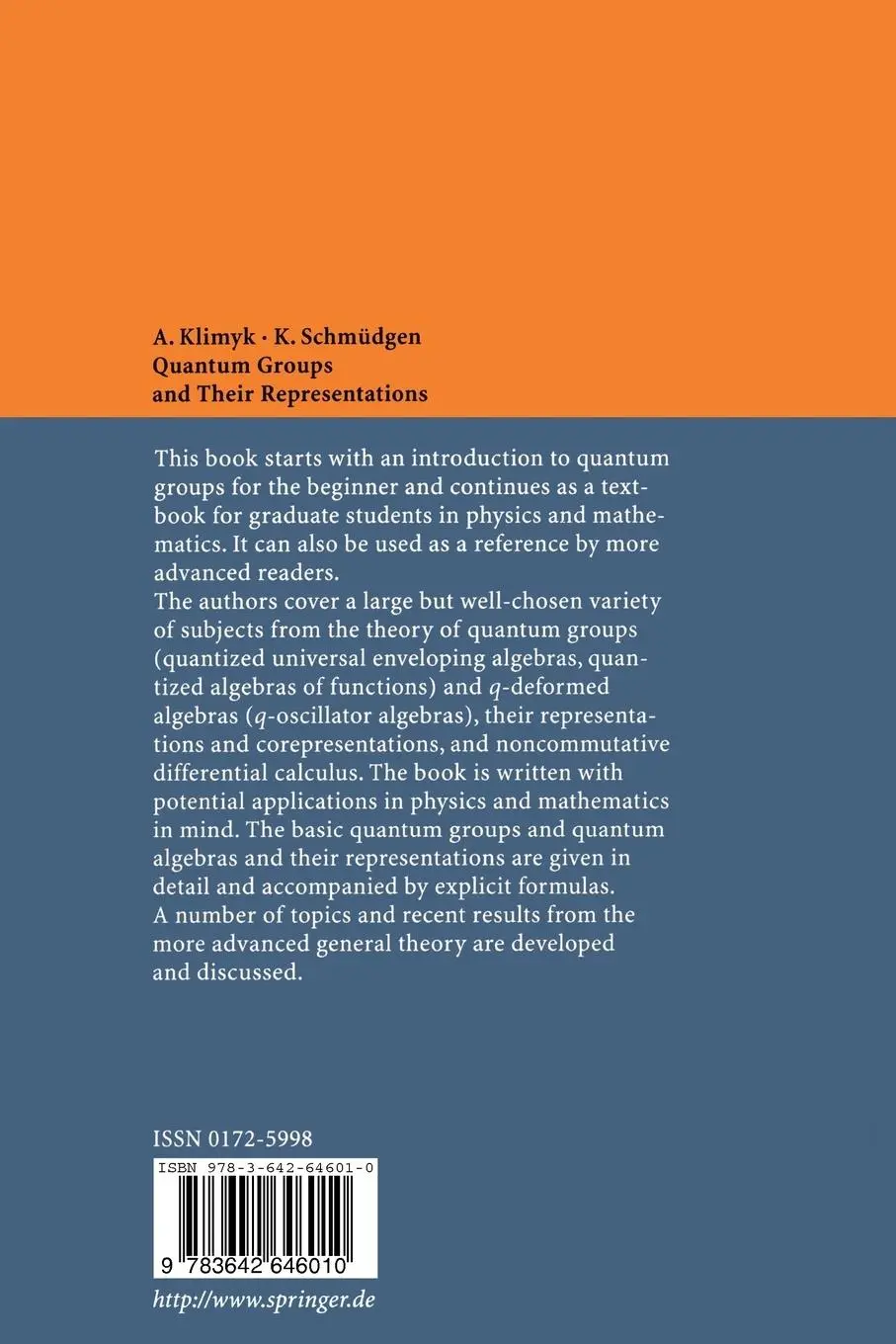 Rückseite: 9783642646010 | Quantum Groups and Their Representations | Konrad Schmüdgen (u. a.)
