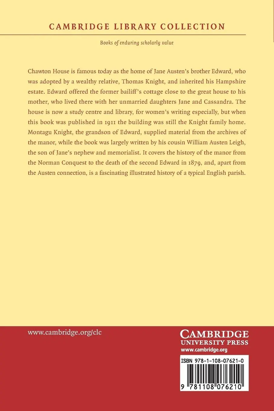 Rückseite: 9781108076210 | Chawton Manor and Its Owners | A Family History | Leigh (u. a.) | Buch