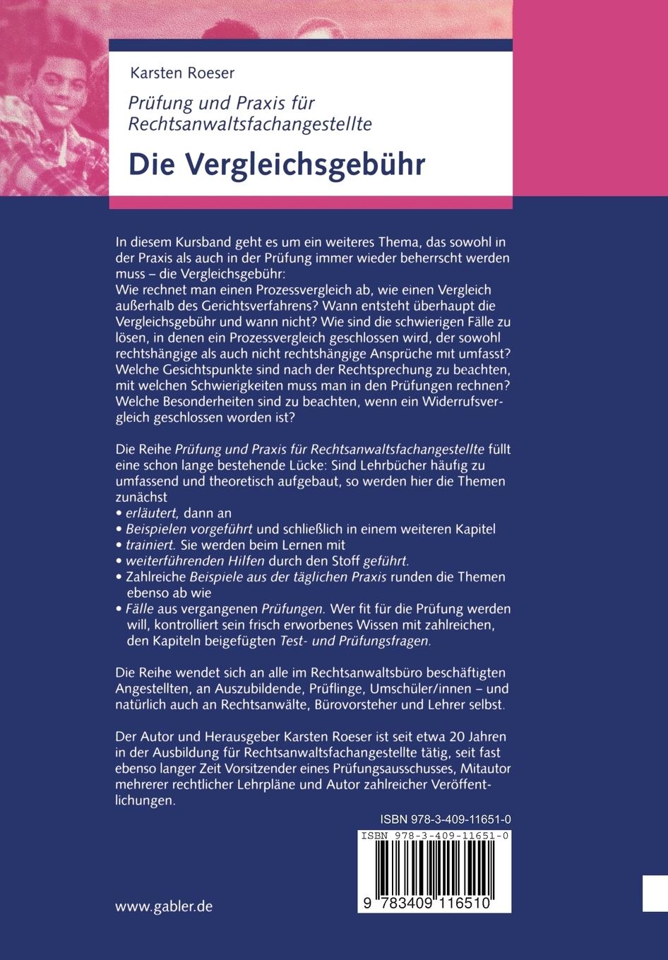 Rückseite: 9783409116510 | Die Vergleichsgebühr | Karsten Roeser | Taschenbuch | 119 S. | Deutsch