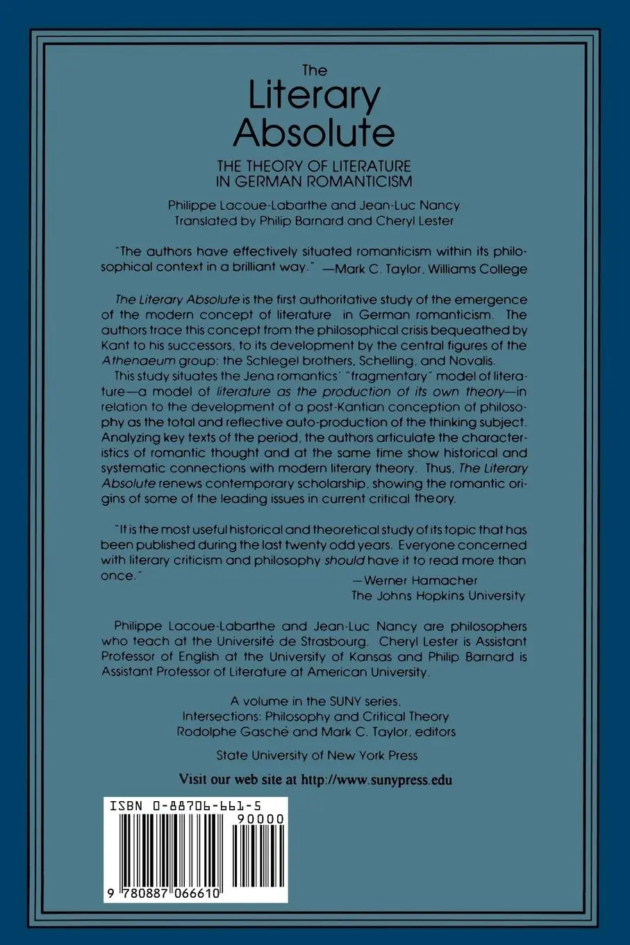 Rückseite: 9780887066610 | The Literary Absolute | The Theory of Literature in German Romanticism