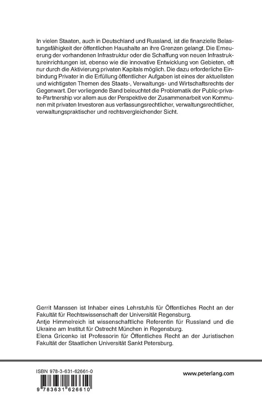 Rückseite: 9783631626610 | Public-private-Partnership im kommunalen Bereich | Manssen (u. a.)