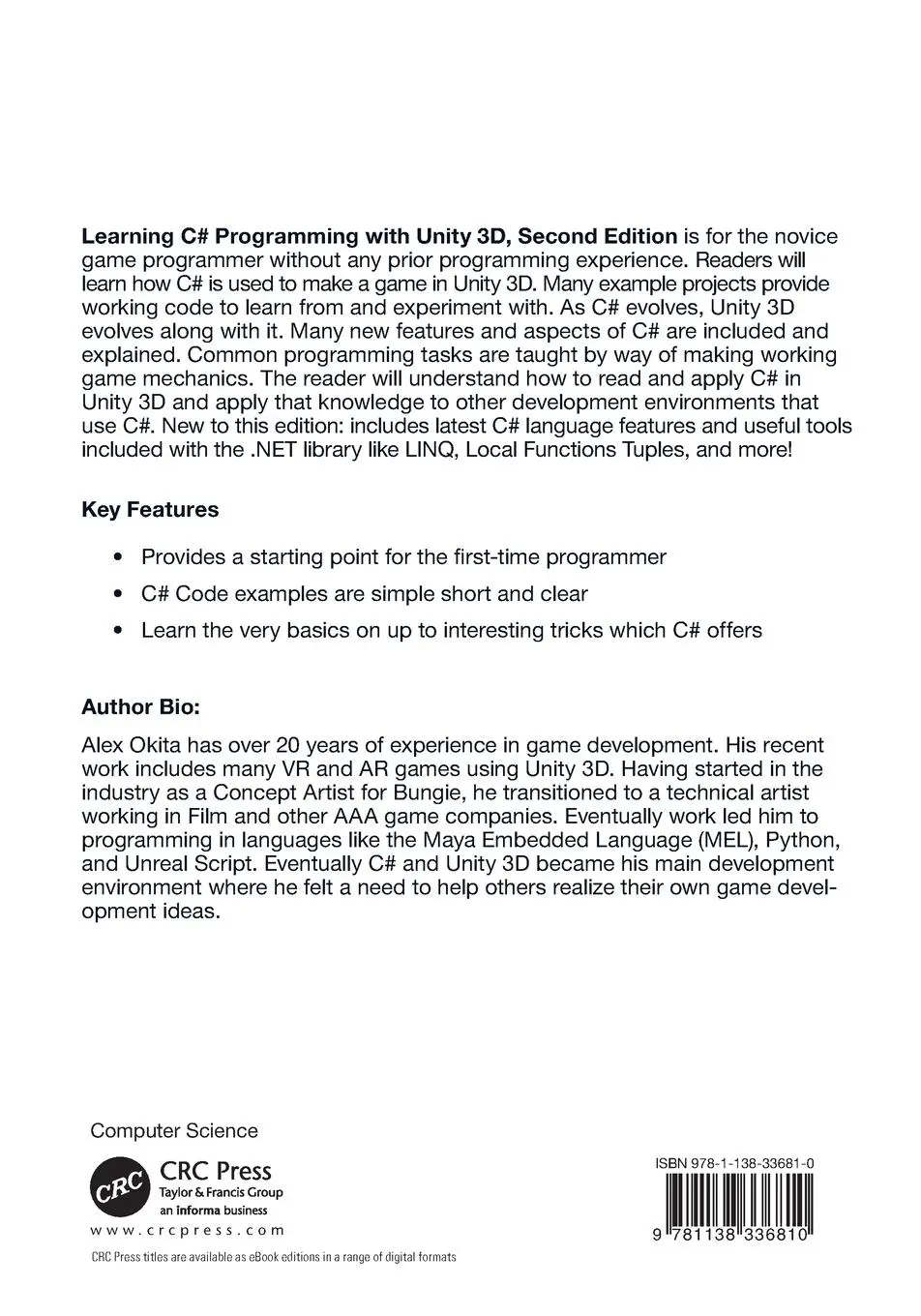 Rückseite: 9781138336810 | Learning C# Programming with Unity 3D, second edition | Alex Okita