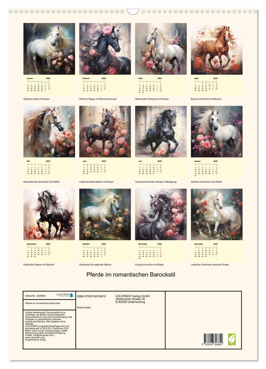 Bild: 9783516316810 | Pferde im romantischen Barockstil (Wandkalender 2026 DIN A2 hoch),...