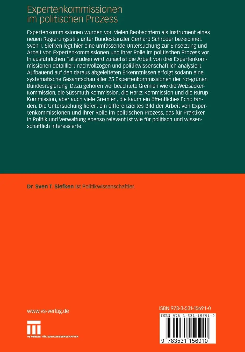 Rückseite: 9783531156910 | Expertenkommissionen im politischen Prozess | Sven T. Siefken | Buch