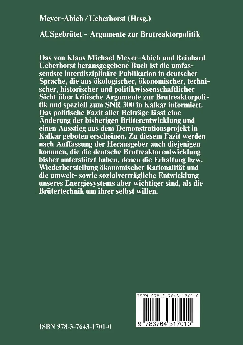 Rückseite: 9783764317010 | AUSgebrütet - Argumente zur Brutreaktorpolitik | Ueberhorst (u. a.)