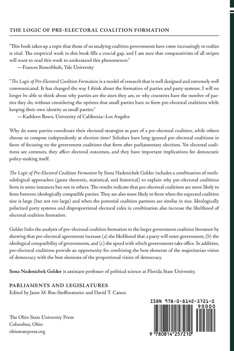 Rückseite: 9780814257210 | LOGIC OF PREELECTORAL COALITION FORMATION | Sona Nadenichek Golder