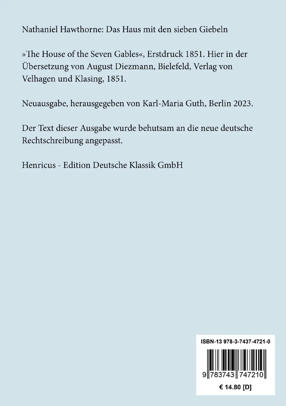 Rückseite: 9783743747210 | Das Haus mit den sieben Giebeln | Nathaniel Hawthorne | Taschenbuch