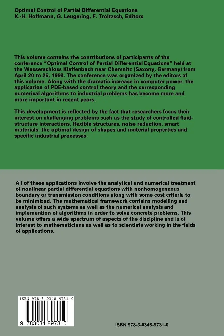 Rückseite: 9783034897310 | Optimal Control of Partial Differential Equations | Hoffmann (u. a.)