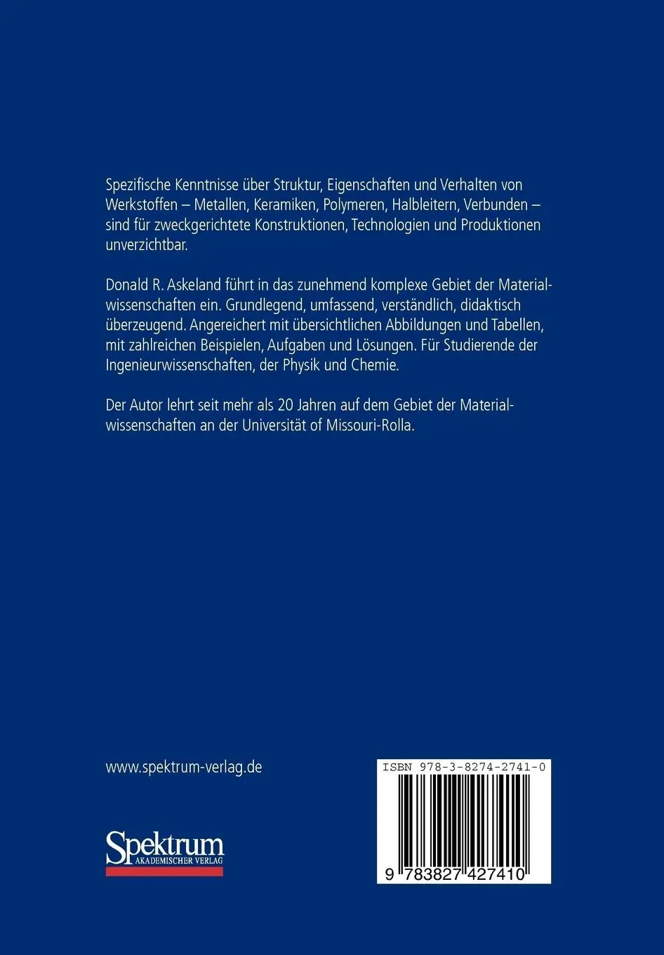 Rückseite: 9783827427410 | Materialwissenschaften | Donald Askeland | Taschenbuch | xvi | Deutsch