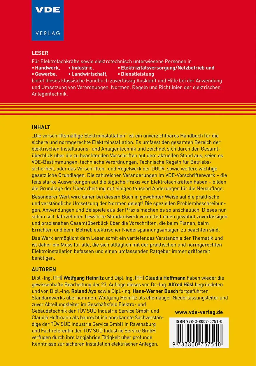 Rückseite: 9783800757510 | Die vorschriftsmäßige Elektroinstallation | Alfred Hösl (u. a.) | Buch
