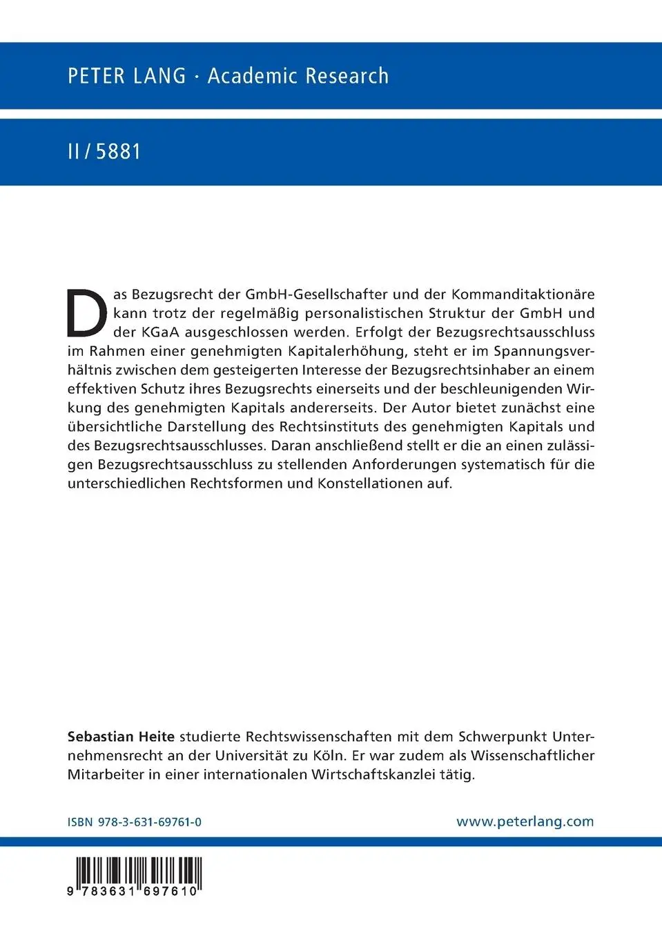 Rückseite: 9783631697610 | Bezugsrechtsausschluss im Rahmen des genehmigten Kapitals bei...