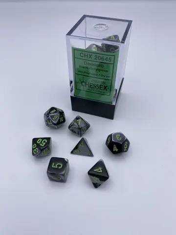 Cover: 601982037710 | Gemini® Mini-Polyhedral Black-Grey/green 7-Die Set | Chessex