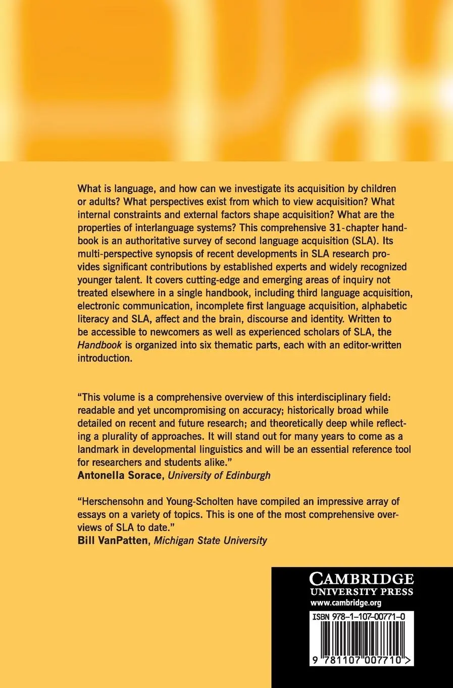 Rückseite: 9781107007710 | The Cambridge Handbook of Second Language Acquisition | Buch | 2015