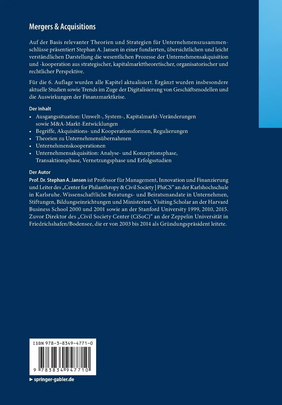 Rückseite: 9783834947710 | Mergers &amp; Acquisitions | Stephan A. Jansen | Taschenbuch | xxv | 2016