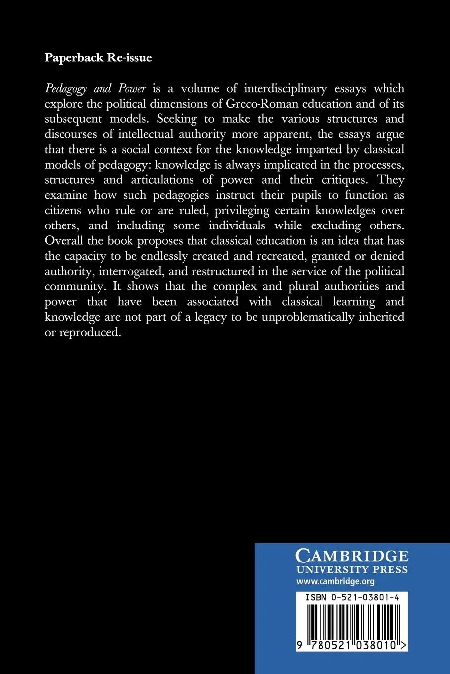 Rückseite: 9780521038010 | Pedagogy and Power | Rhetorics of Classical Learning | Taschenbuch
