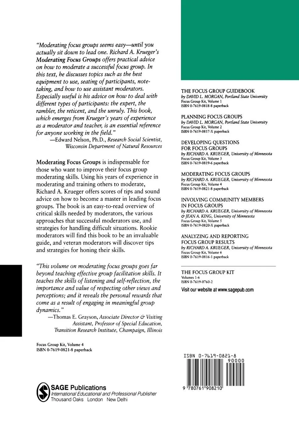 Rückseite: 9780761908210 | Moderating Focus Groups | Richard A. Krueger | Taschenbuch | Englisch