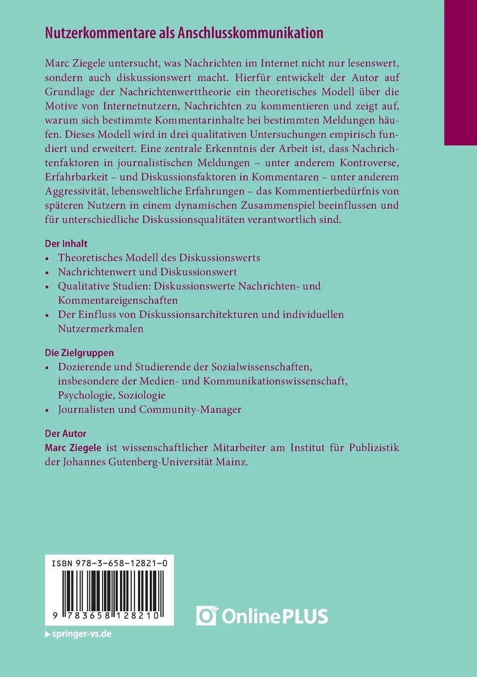 Rückseite: 9783658128210 | Nutzerkommentare als Anschlusskommunikation | Marc Ziegele | Buch