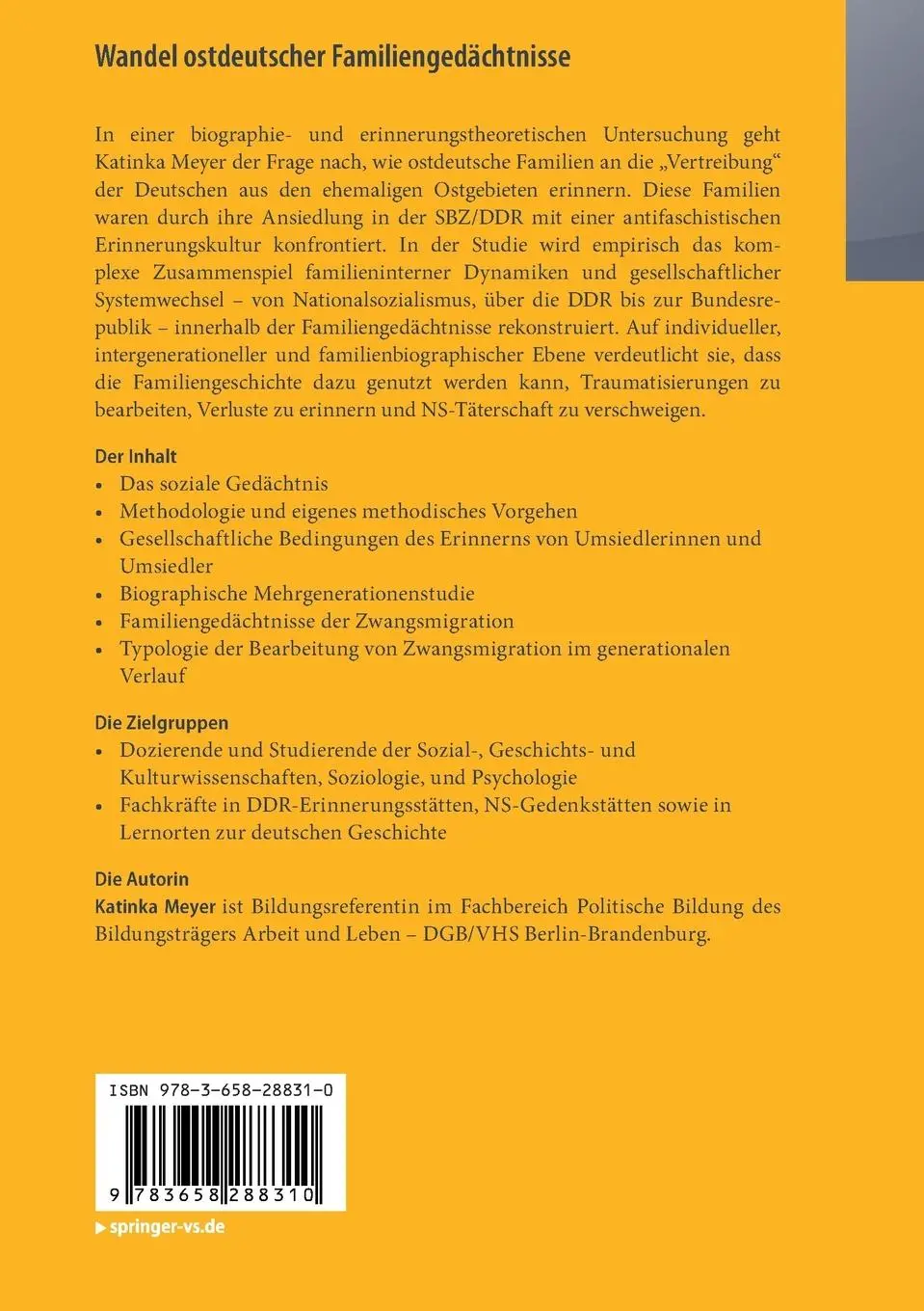 Rückseite: 9783658288310 | Wandel ostdeutscher Familiengedächtnisse | Katinka Meyer | Taschenbuch