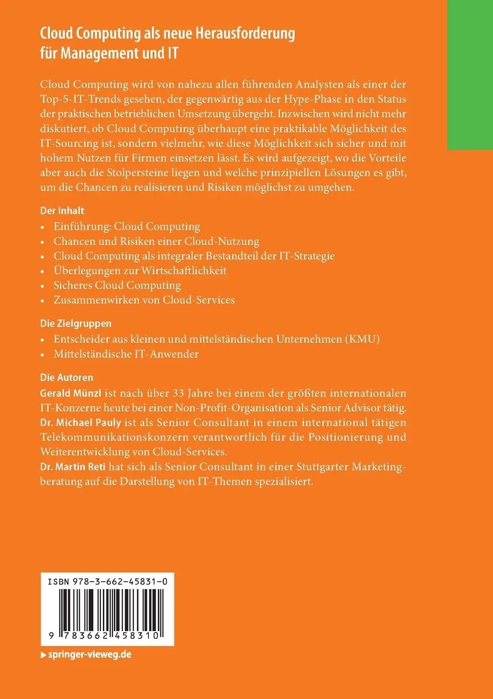 Rückseite: 9783662458310 | Cloud Computing als neue Herausforderung für Management und IT | Buch