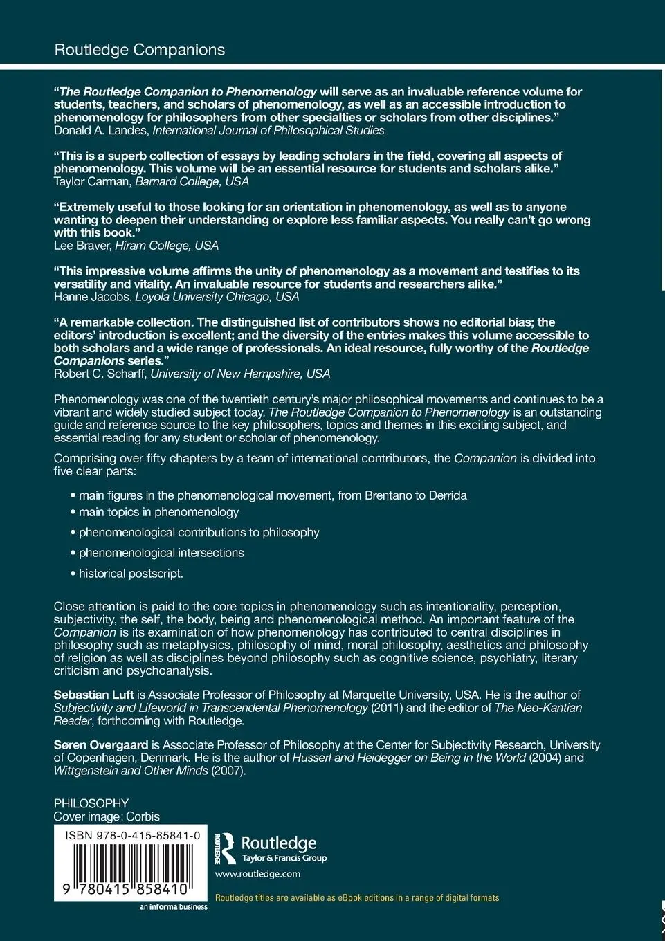 Rückseite: 9780415858410 | The Routledge Companion to Phenomenology | Sebastian Luft (u. a.)