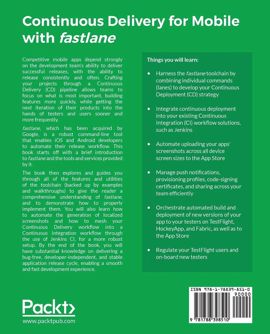 Rückseite: 9781788398510 | Continuous Delivery for Mobile with Fastlane | Doron Katz | Buch