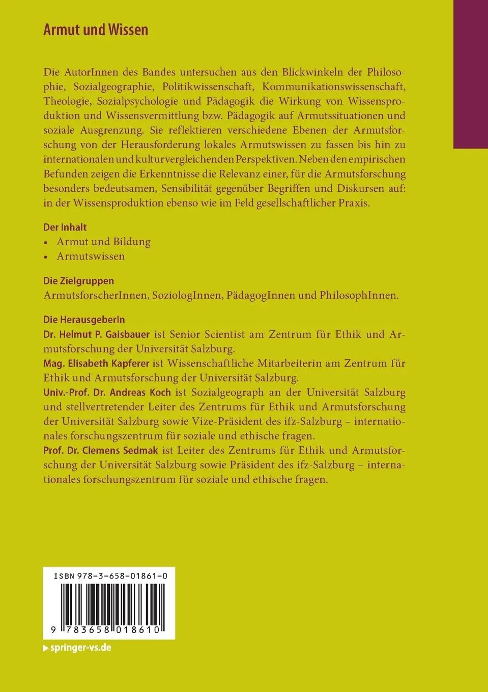 Rückseite: 9783658018610 | Armut und Wissen | Helmut P. Gaisbauer (u. a.) | Taschenbuch | viii