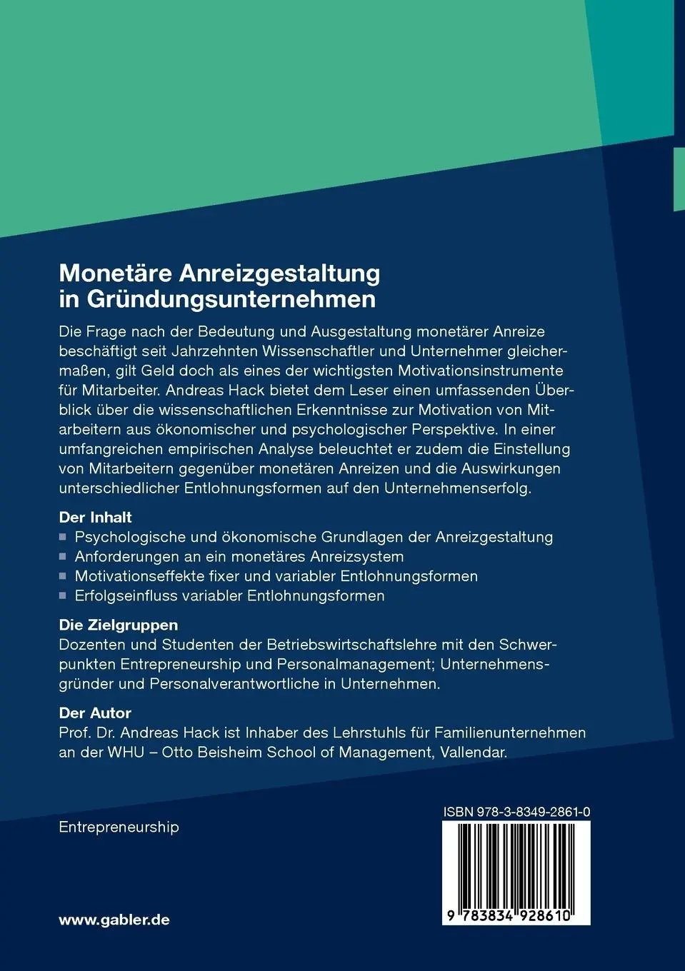 Rückseite: 9783834928610 | Monetäre Anreizgestaltung in Gründungsunternehmen | Andreas Hack | xv