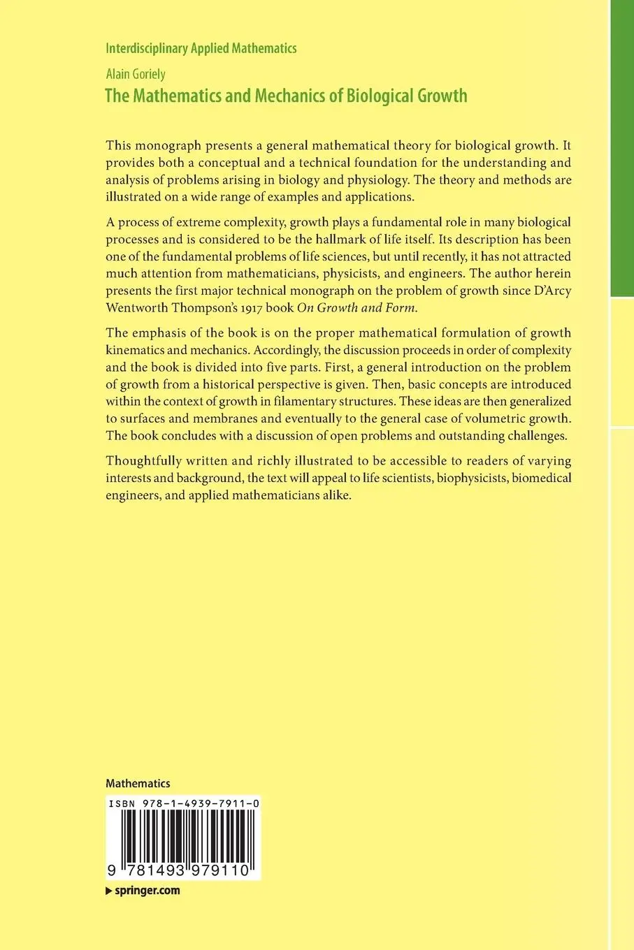 Rückseite: 9781493979110 | The Mathematics and Mechanics of Biological Growth | Alain Goriely