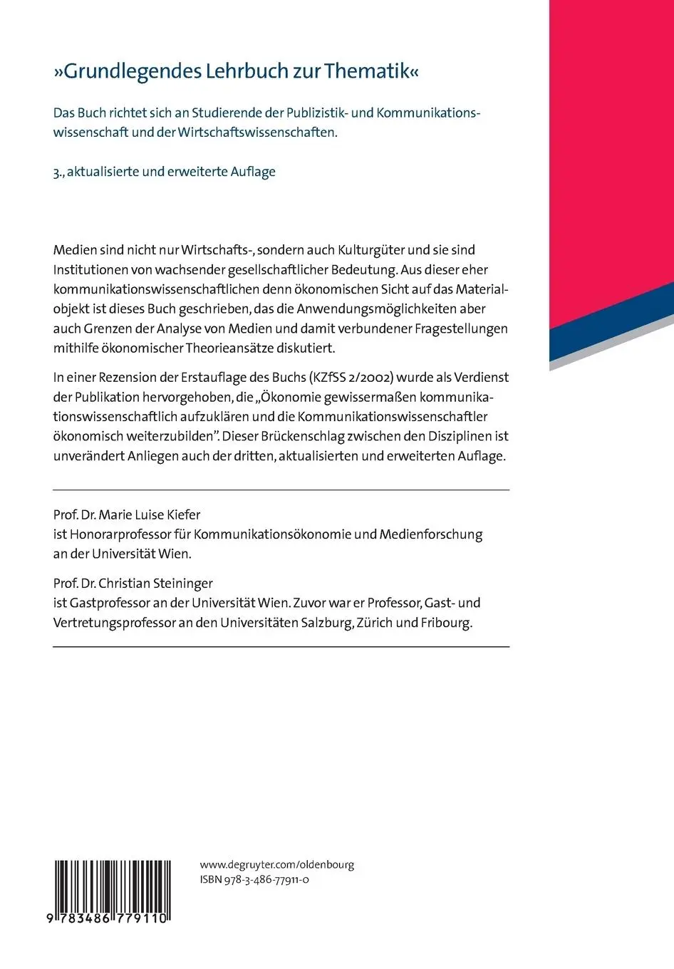 Rückseite: 9783486779110 | Medienökonomik | Christian Steininger (u. a.) | Taschenbuch | 495 S.